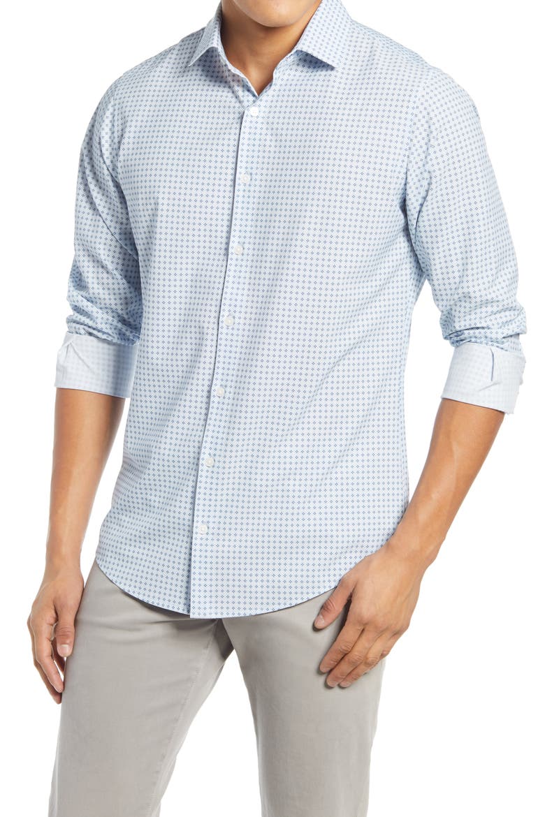 Leeward Trim Fit Print Button-Up Performance Shirt, Main, color, SKYWAY AND NAVY MINI GEO DOT
