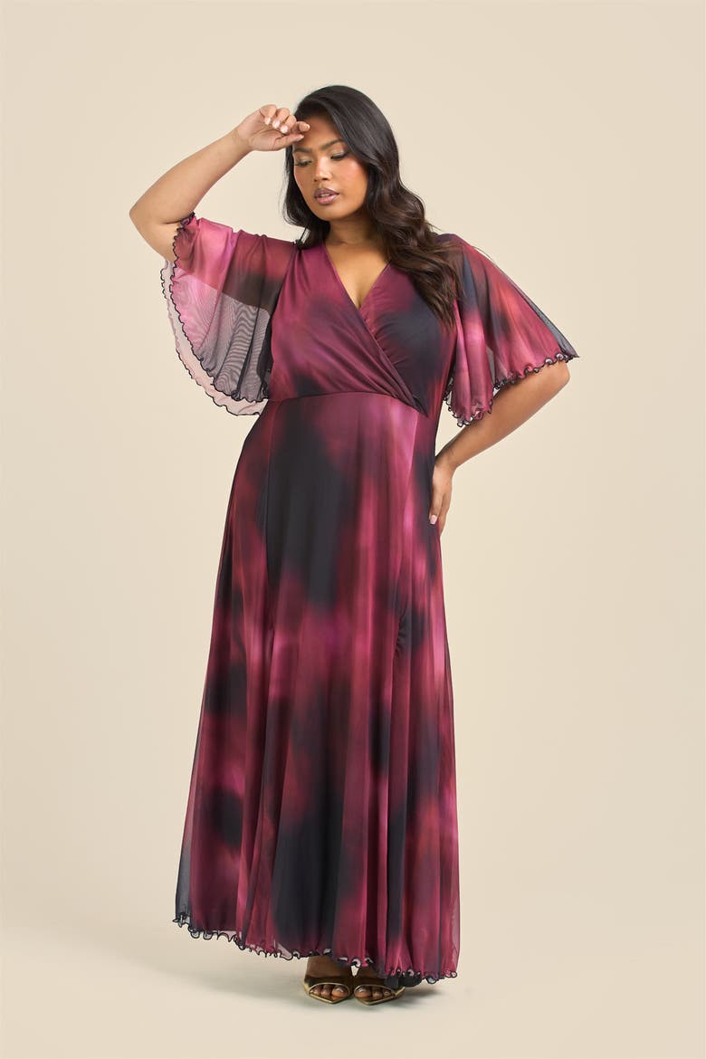 Elegant Abstract Print Mesh Maxi Dress, Alternate, color, Red
