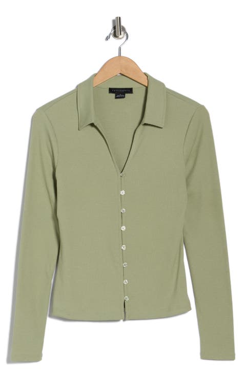 Johnny Collar Long Sleeve Button-Up Top