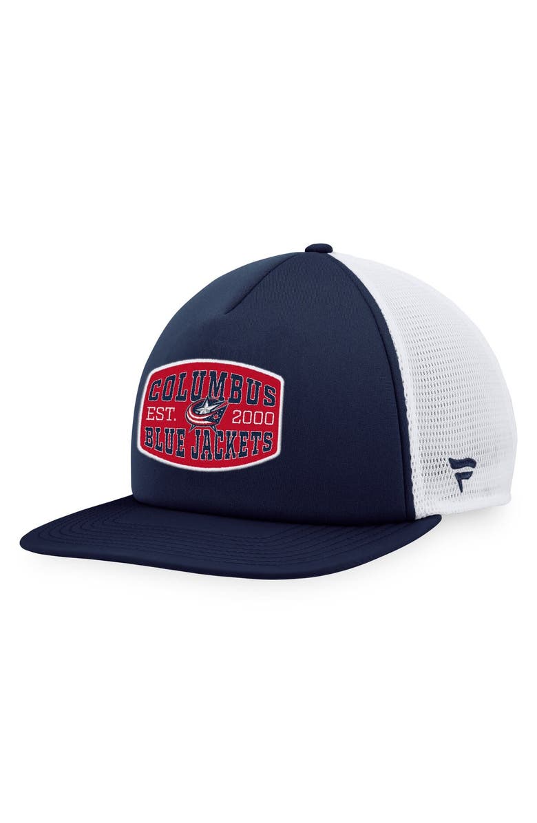 FANATICS Men's Fanatics Branded Navy/White Columbus Blue Jackets Foam Front Patch Trucker Snapback Hat, Main, color, Navy