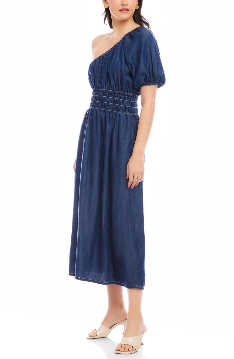FIFTEEN TWENTY Abilene One-Shoulder Puff Sleeve Midi Dress, Alternate, color, Indigo