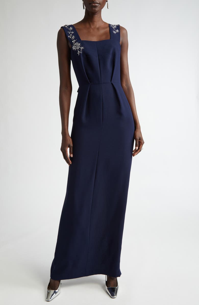 ST. JOHN Satin Back Crepe Dress with Bow & Shawl, Main, color, Midnight
