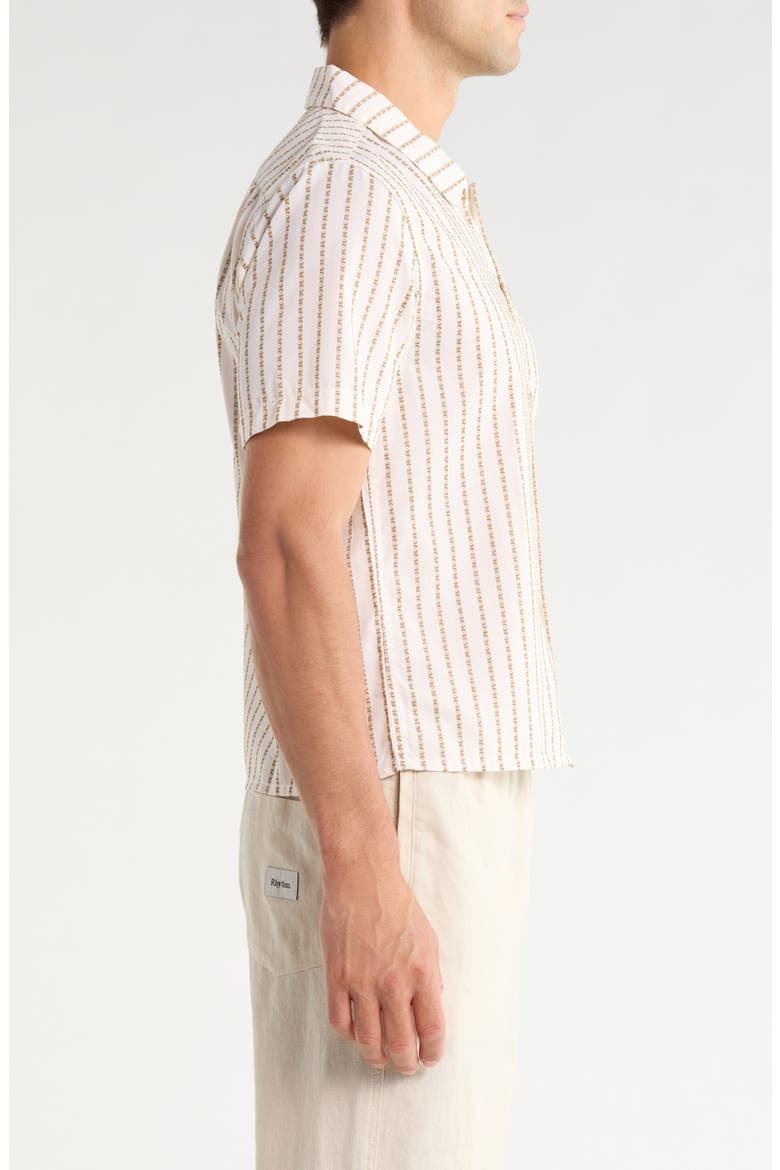 Vacation Stripe Crop Short Sleeve Cotton Button-Up Shirt, Alternate, color, BEIGE MULTI