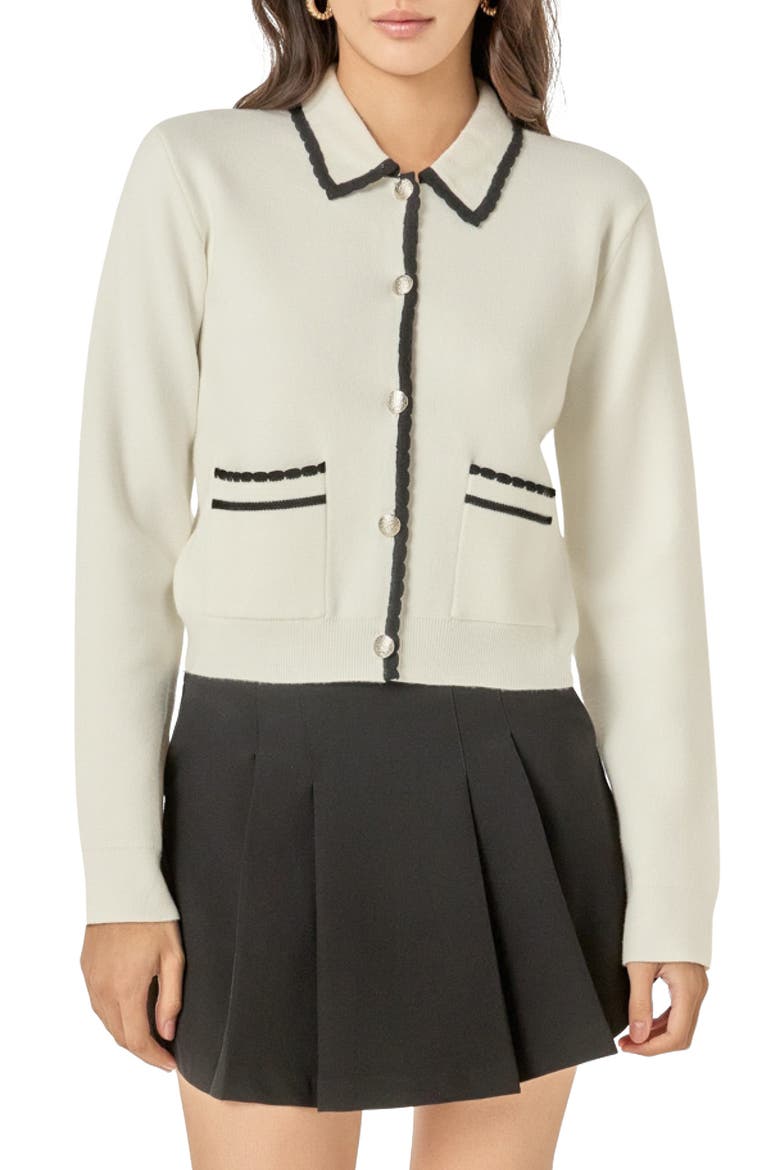 Scallop Trim Cardigan, Main, color, OFF WHITE/ BLACK