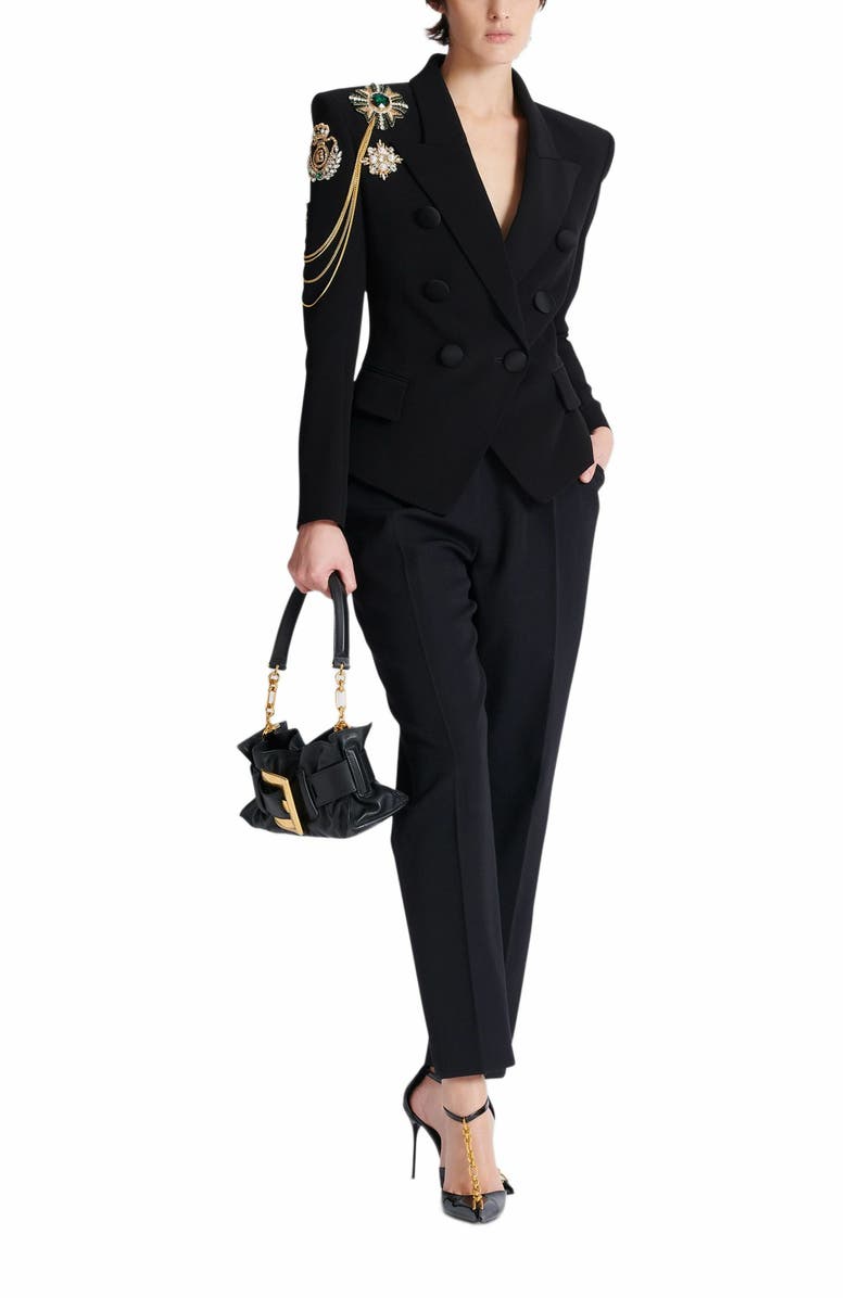 Balmain Crepe 6-Button Jacket With Embroidered Patches, Alternate, color, Black