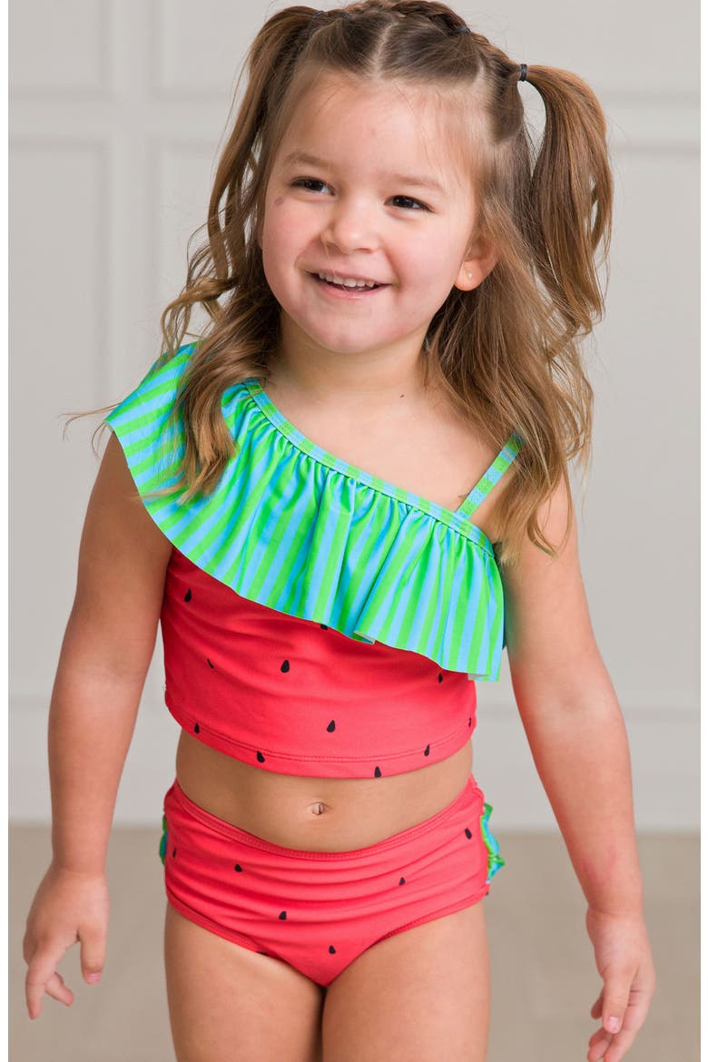 Kids' Watermelon Ruffle One-Shoulder Two-Piece Swimsuit, Alternate, color, RED