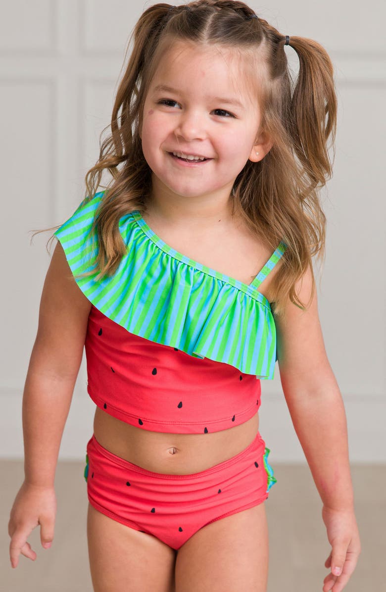 RuffleButts Kids' Watermelon Ruffle One-Shoulder Two-Piece Swimsuit, Alternate, color, 
