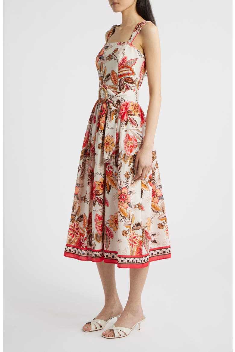 Floral Print Midi Sundress, Alternate, color, ALMOND KHAKI/ RED