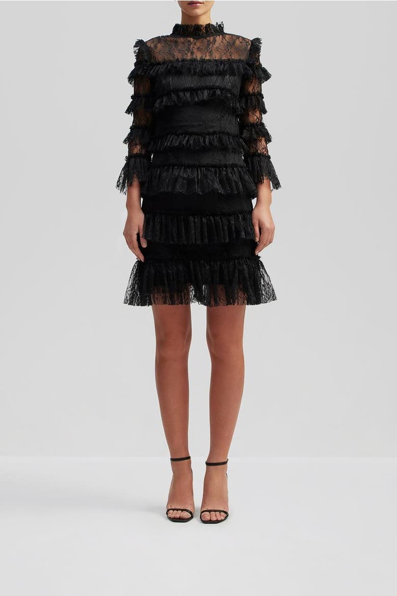 Carmine Mini Frill Lace Dress, Alternate, color, Black