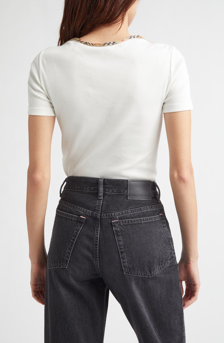 Burberry Stephanie Slim Fit Check Trim Stretch Cotton Rib T-Shirt, Alternate, color, Chalk