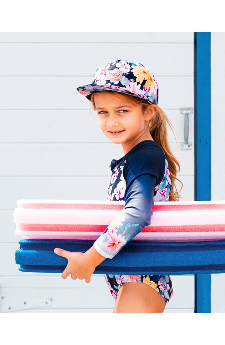 Deux par Deux Girl's Printed Cap Navy And Yellow And Pink Flowers, Alternate, color,