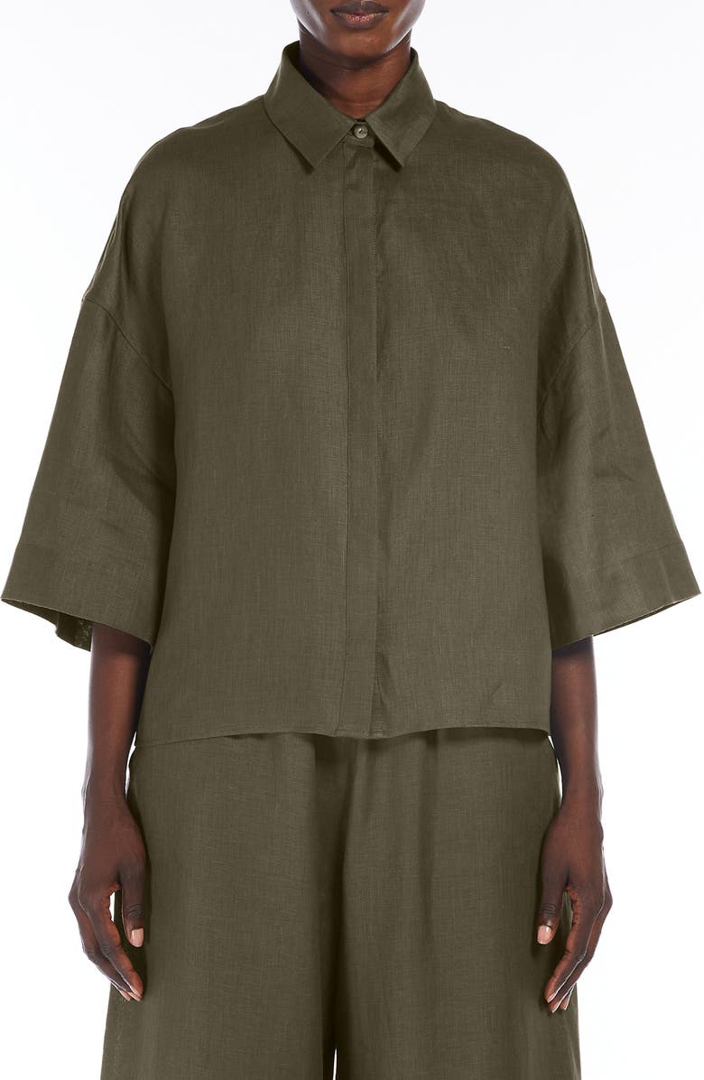 MM by Max Mara Mirano Linen Button-Up Shirt, Main, color, Dark Green