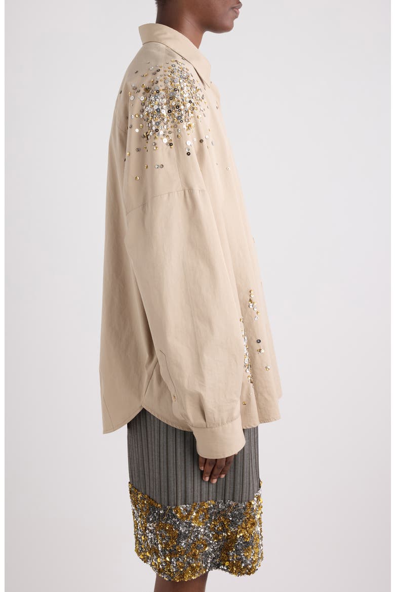 Firework Embroidered Cotton Poplin Button-Up Shirt, Alternate, color, SAND
