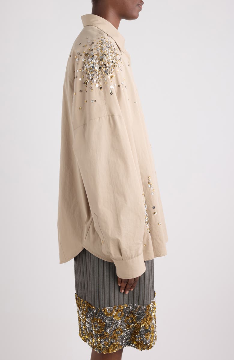 Dries Van Noten Firework Embroidered Cotton Poplin Button-Up Shirt, Alternate, color, Sand