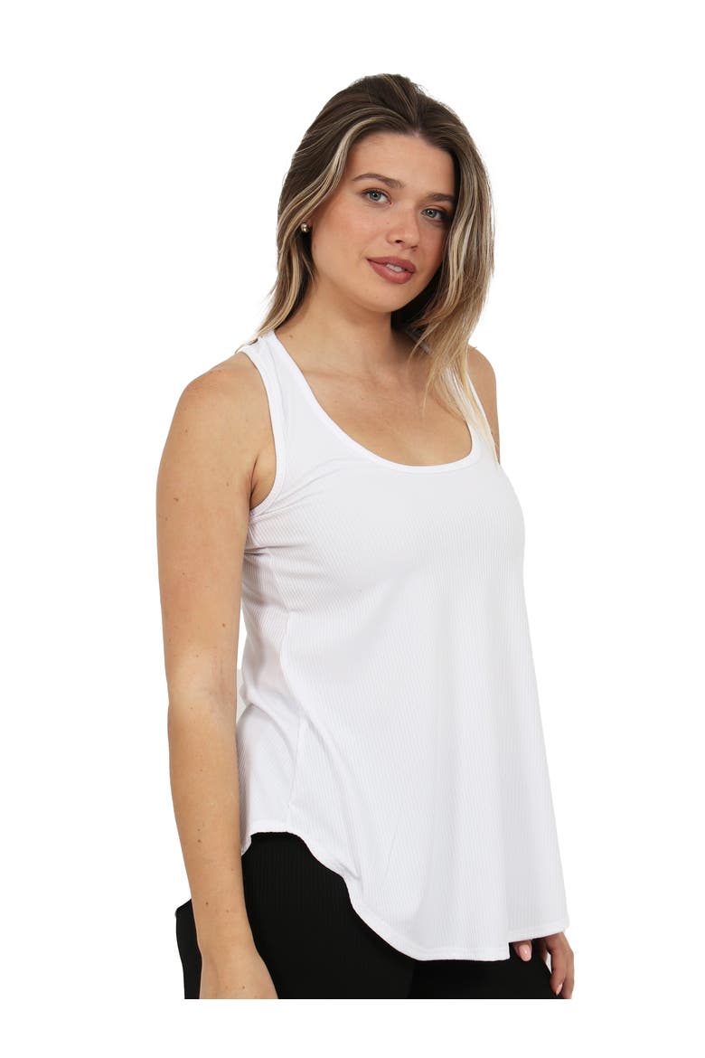 Womens Basic Ribbed Knit Sleeveless Scoop Neck Long Flared Tank Top, Alternate, color, White