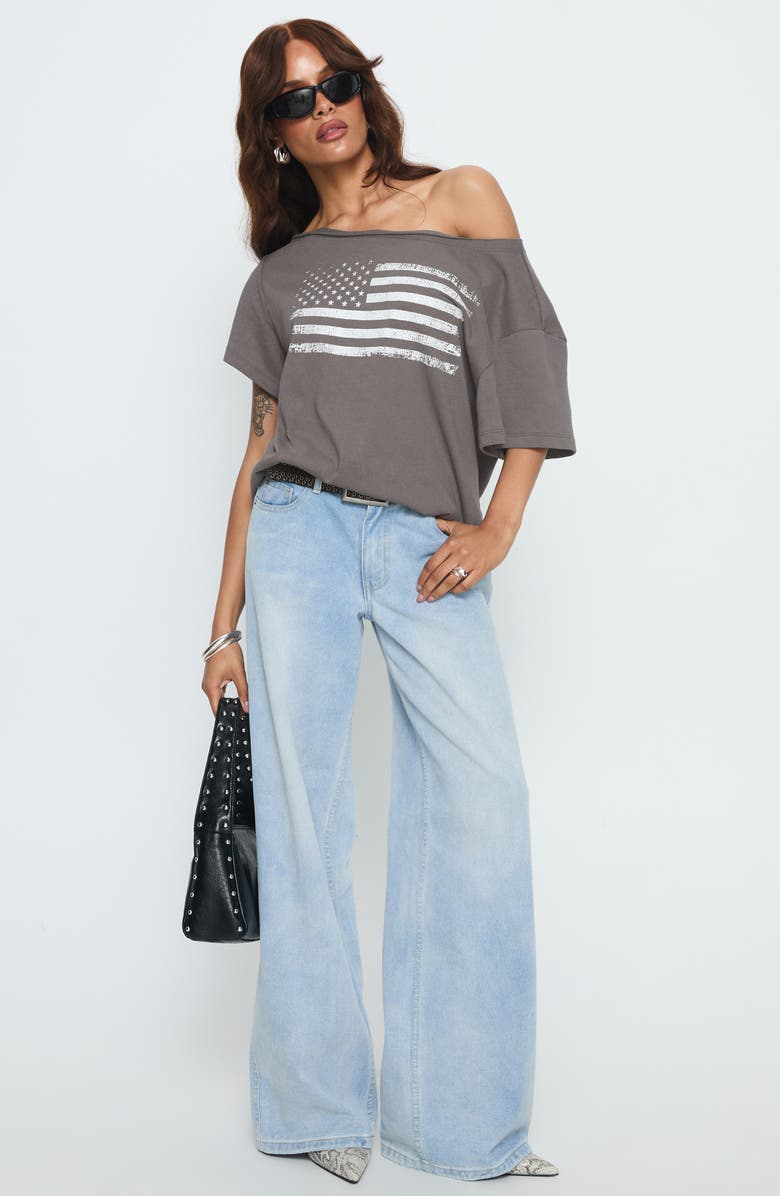 Princess Polly American Tune Off the Shoulder Graphic T-Shirt, Alternate, color, Washed Black