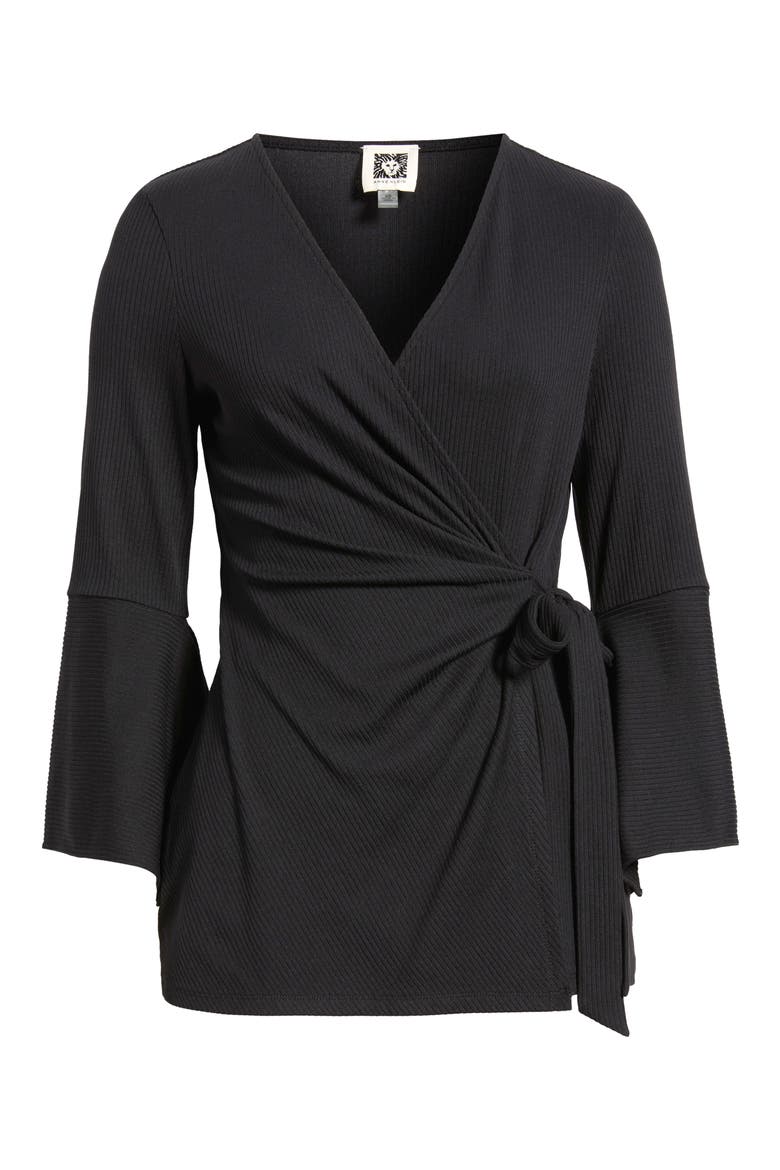 Ruffle Sleeve Ribbed Wrap Top, Alternate, color, ANNE BLACK