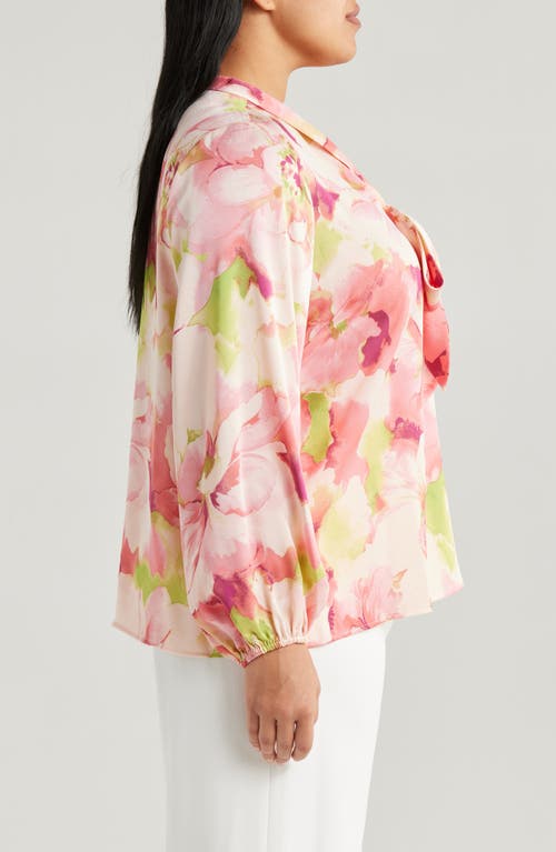Tahari Asl Floral Bow Neck Charmeuse Top In Peach Watercolor
