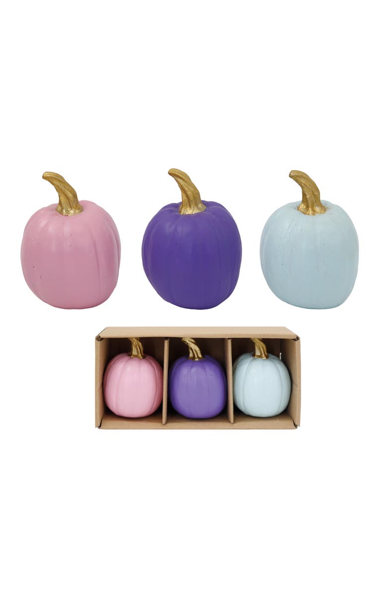 Transpac Set of 3 Multicolor Resin Pumpkin Sculptures Decorative Fall Decor, Main, color, Pink