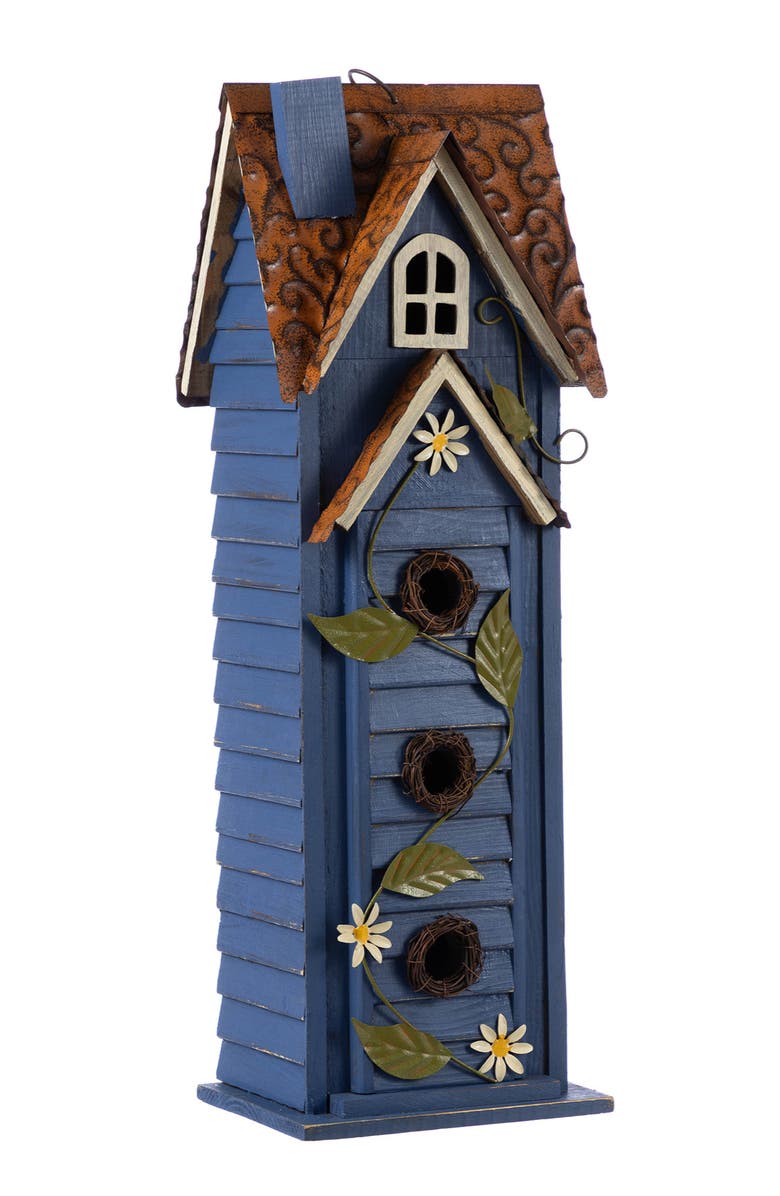 Glitzhome 24.25"H Oversized 3-Tiered Solid Wood Villa Decorative Outdoor Garden Birdhouse, Alternate, color, Blue