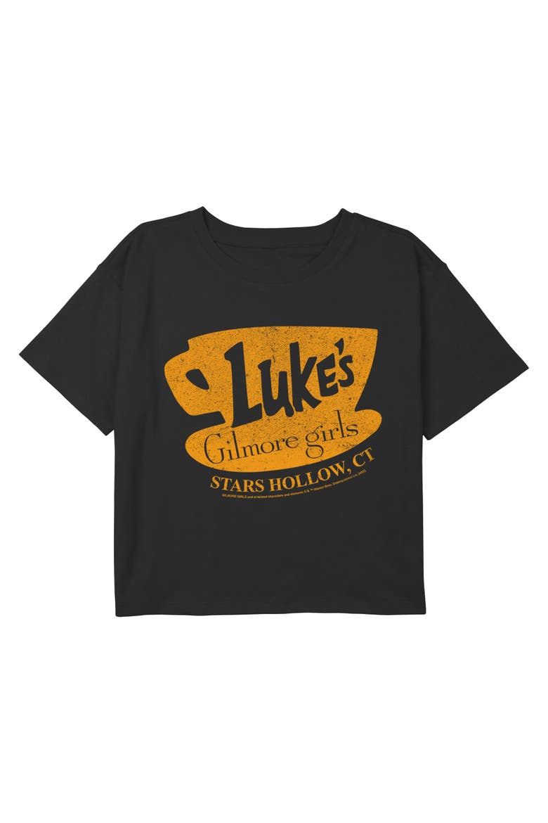 Girl's Gilmore Girls Luke's Dinner Distressed Logo Graphic Cropped T-Shirt, Main, color, Black