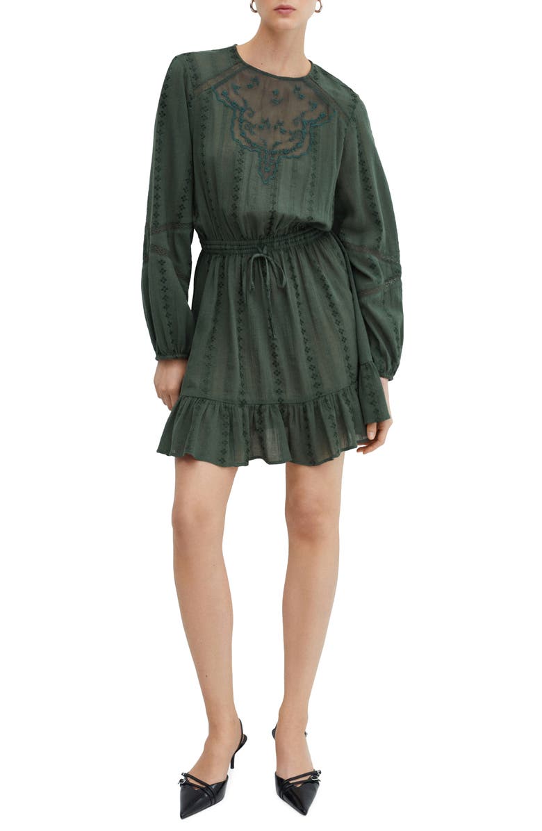 MANGO Embroidered Tie Waist Puff Long Sleeve Minidress, Main, color, 