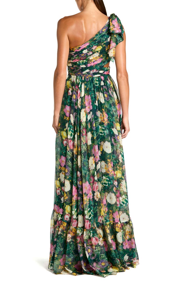 Mac Duggal Floral One-Shoulder Cutout Chiffon Evening Gown, Alternate, color, Deep Green Multi