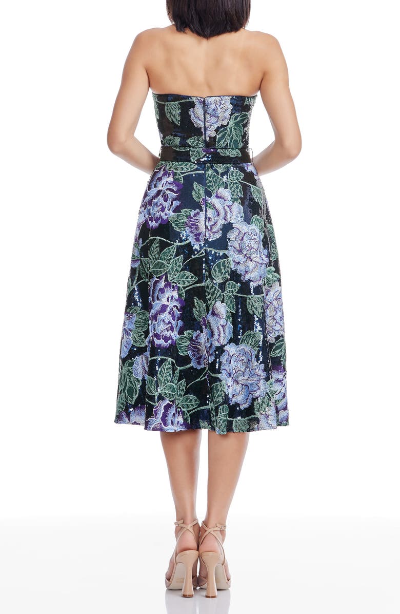 Dress the Population Carlita Embroidered Sequin Floral Strapless Cocktail Midi Dress, Alternate, color, Navy Multi