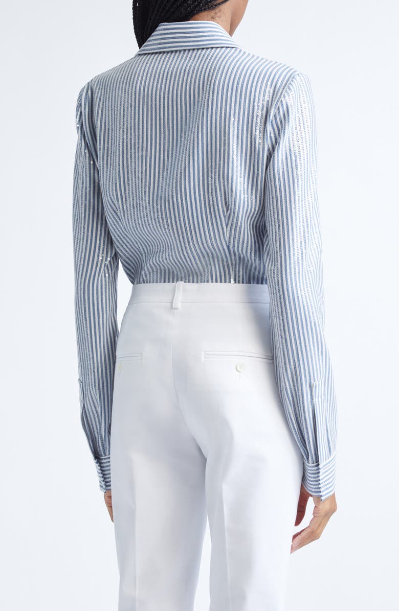 Michael Kors Collection Hansen Sequin Embellished Stripe Silk Button-Up Shirt, Alternate, color, Steel/ Optic White