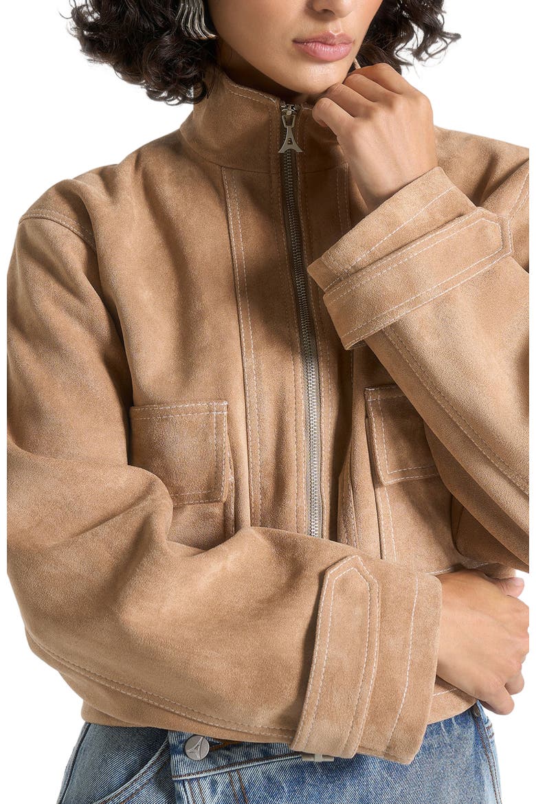 Nawel Suede Contrast Stitch Jacket With Cinched Hem, Alternate, color, Beige