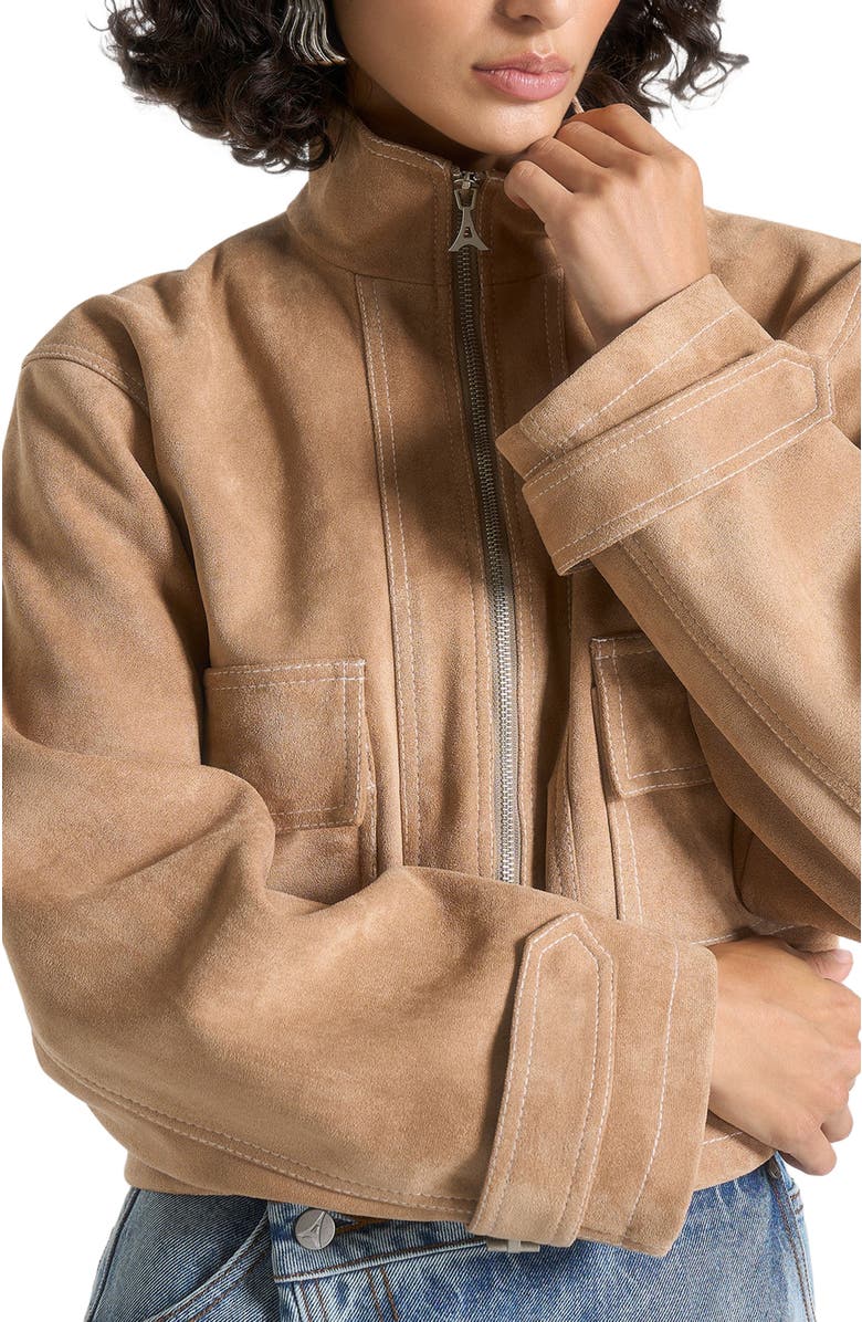Manière De Voir Nawel Suede Contrast Stitch Jacket With Cinched Hem, Alternate, color, Beige