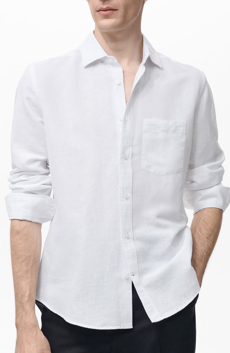 MANGO Classic Fit Linen & Cotton Button-Up Shirt, Main, color, White