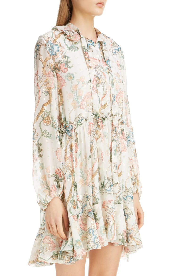 Floral Print Long Sleeve Metallic Fil Coupé Minidress, Alternate, color, MULTICOLOR WHITE 1