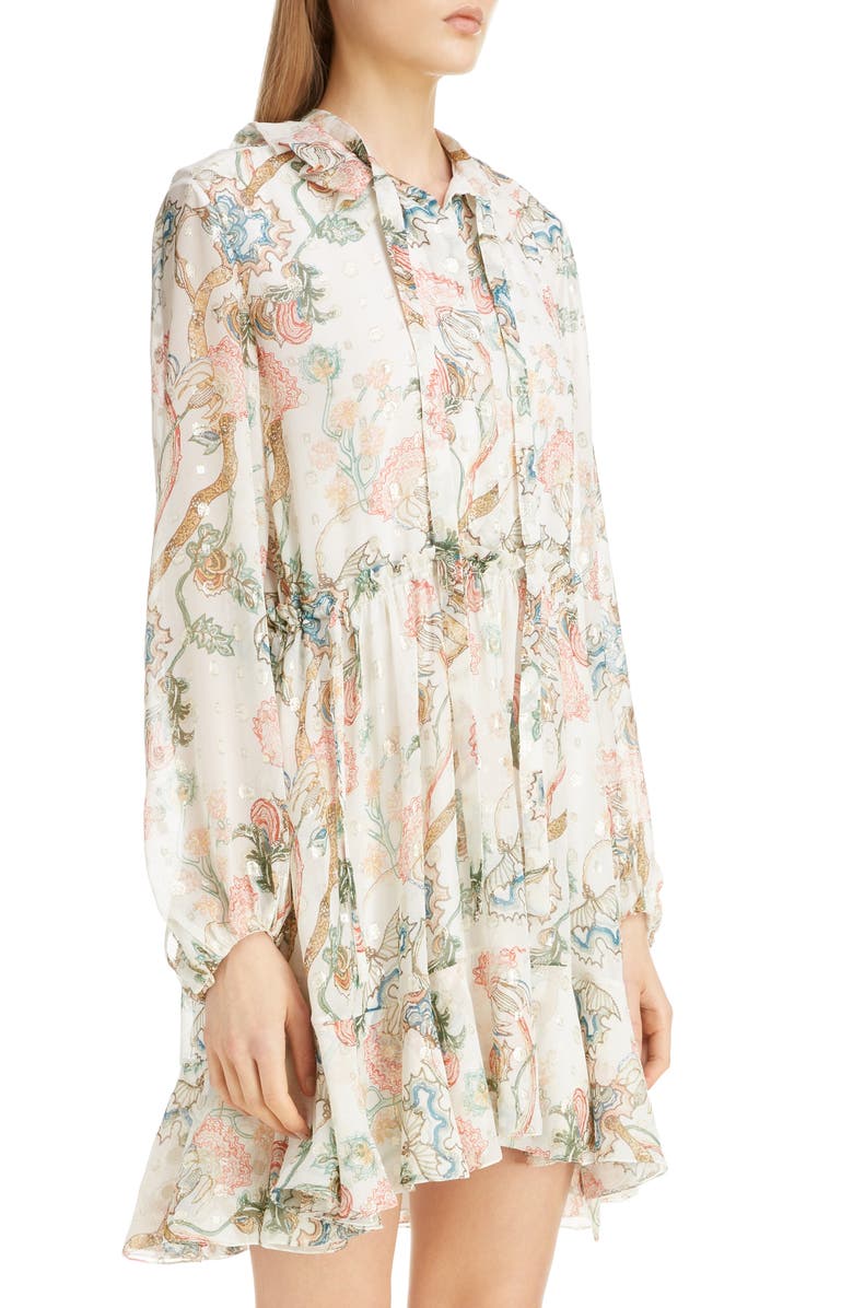 Chloé Floral Print Long Sleeve Metallic Fil Coupé Minidress, Alternate, color,