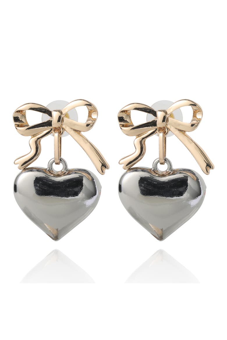 Silver Heart Drop Earrings with Gold Bow Accent, Main, color, Silver