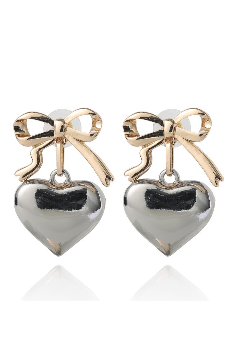 BCBG Generation Silver Heart Drop Earrings with Gold Bow Accent, Main, color, Silver