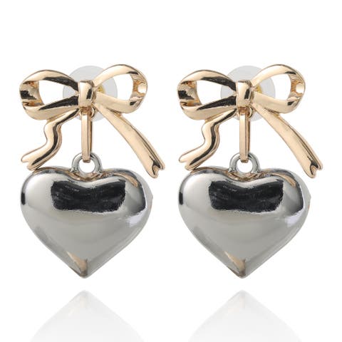Silver Heart Drop Earrings with Gold Bow Accent