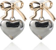 BCBG Generation Silver Heart Drop Earrings with Gold Bow Accent