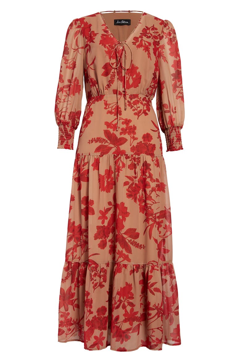 Floral Long Sleeve Tiered Midi Dress, Alternate, color, BROWN/ RED