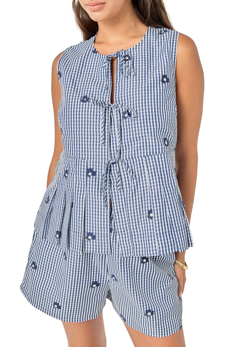 Bow Detail Gingham Embroidered Peplum Top, Main, color, NAVY