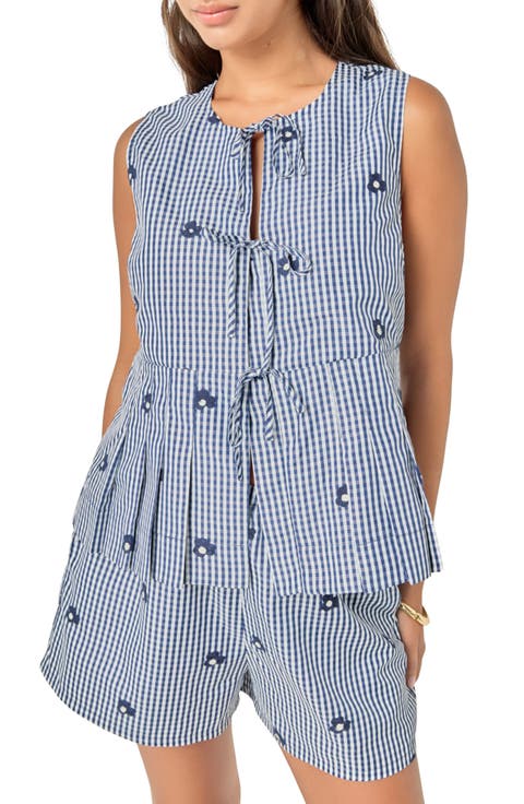 Bow Detail Gingham Embroidered Peplum Top