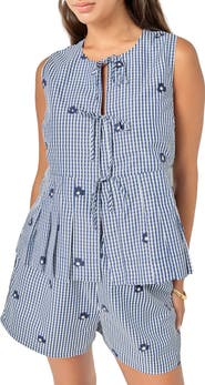 English Factory Bow Detail Gingham Embroidered Peplum Top