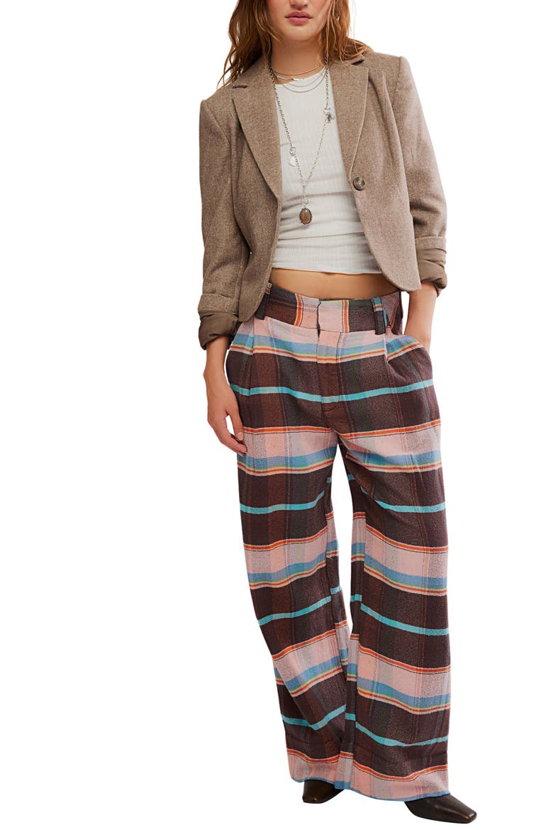 Plaid Back Buckle Cotton Pants, Alternate, color, BROWN COMBO