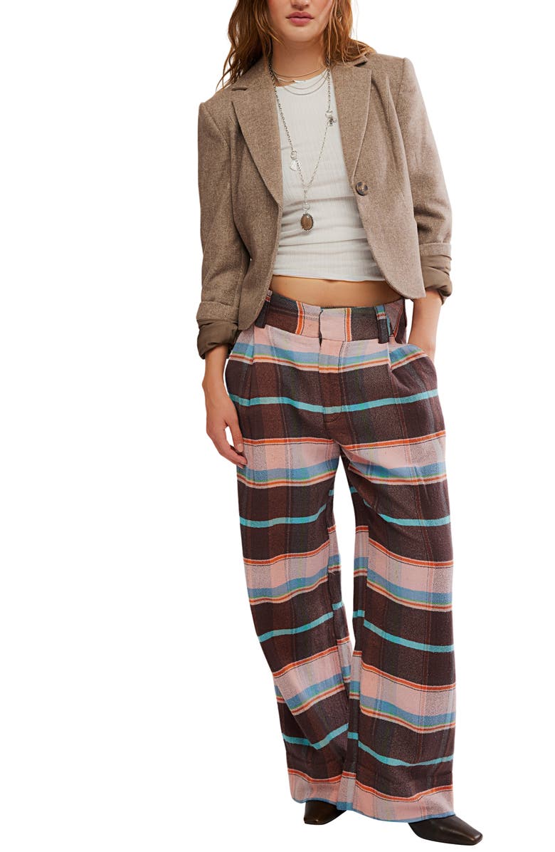 Free People Plaid Back Buckle Cotton Pants, Alternate, color, Brown Combo