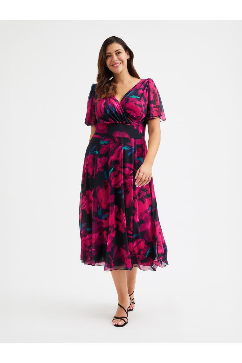 Victoria Floral Angel Sleeve Midi Dress, Main, color, Black Lipstick Rose