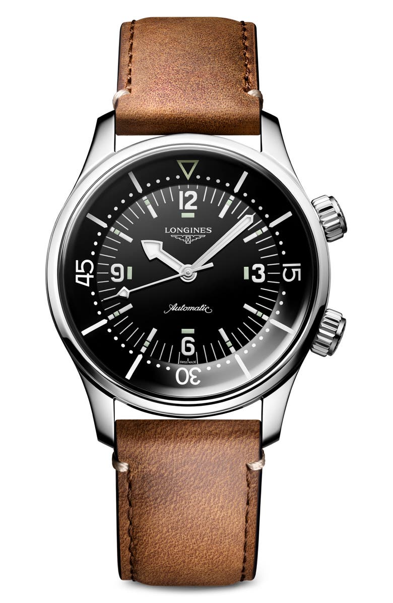 Longines Legend Diver Automatic Leather Strap Watch, 39mm, Main, color, 