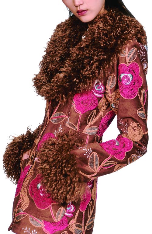 Anna Sui Poiret Rose Embroidered Faux Suede Faux Fur Trim Jacket In Multi