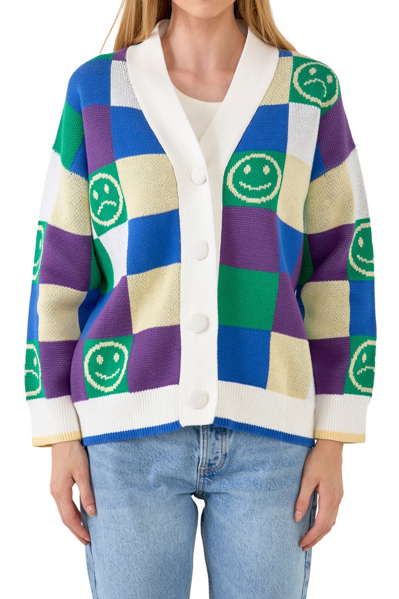 Smiley Colorblock Cotton Cardigan, Alternate, color, MULTI