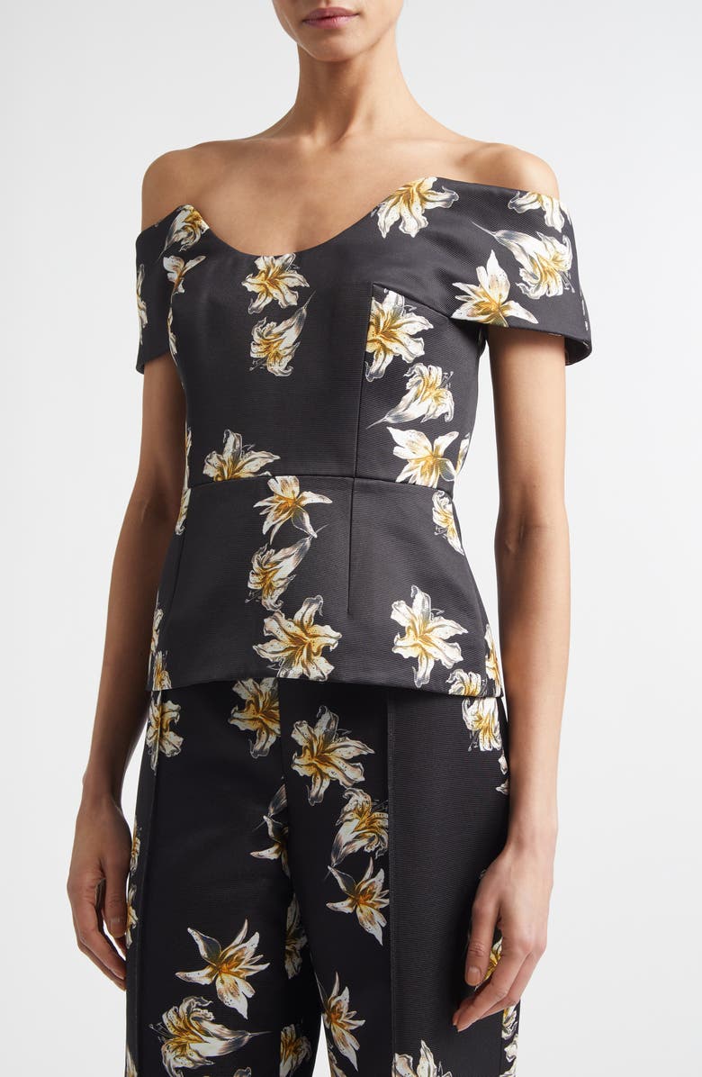 Emilia Wickstead Souline Festive Lilies Peplum Top, Alternate, color, Festive Lilies Black Yellow