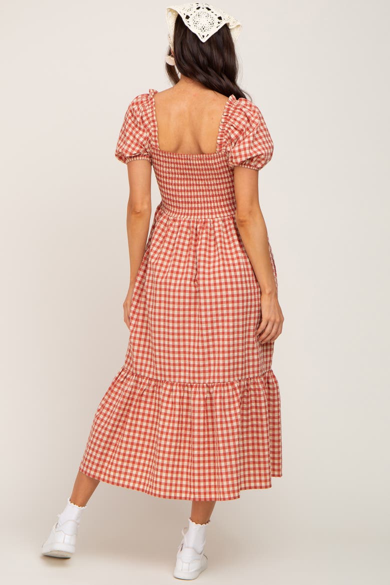 Gingham Smocked Midi Dress, Alternate, color, Rust